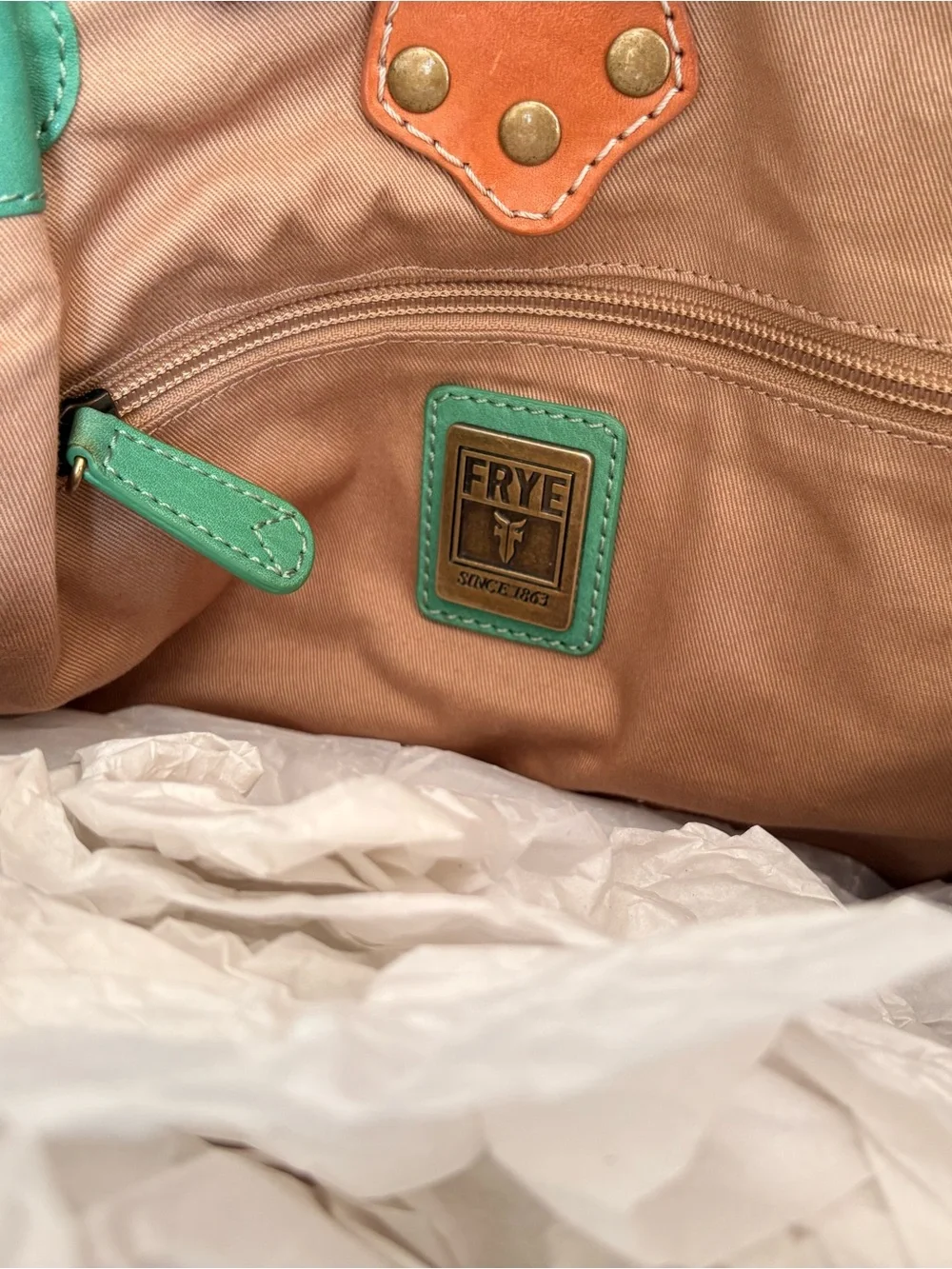 RARE Y2K Frye Turquoise Leather Ruched-Handle Shoulder Bag with Brass Hardware
